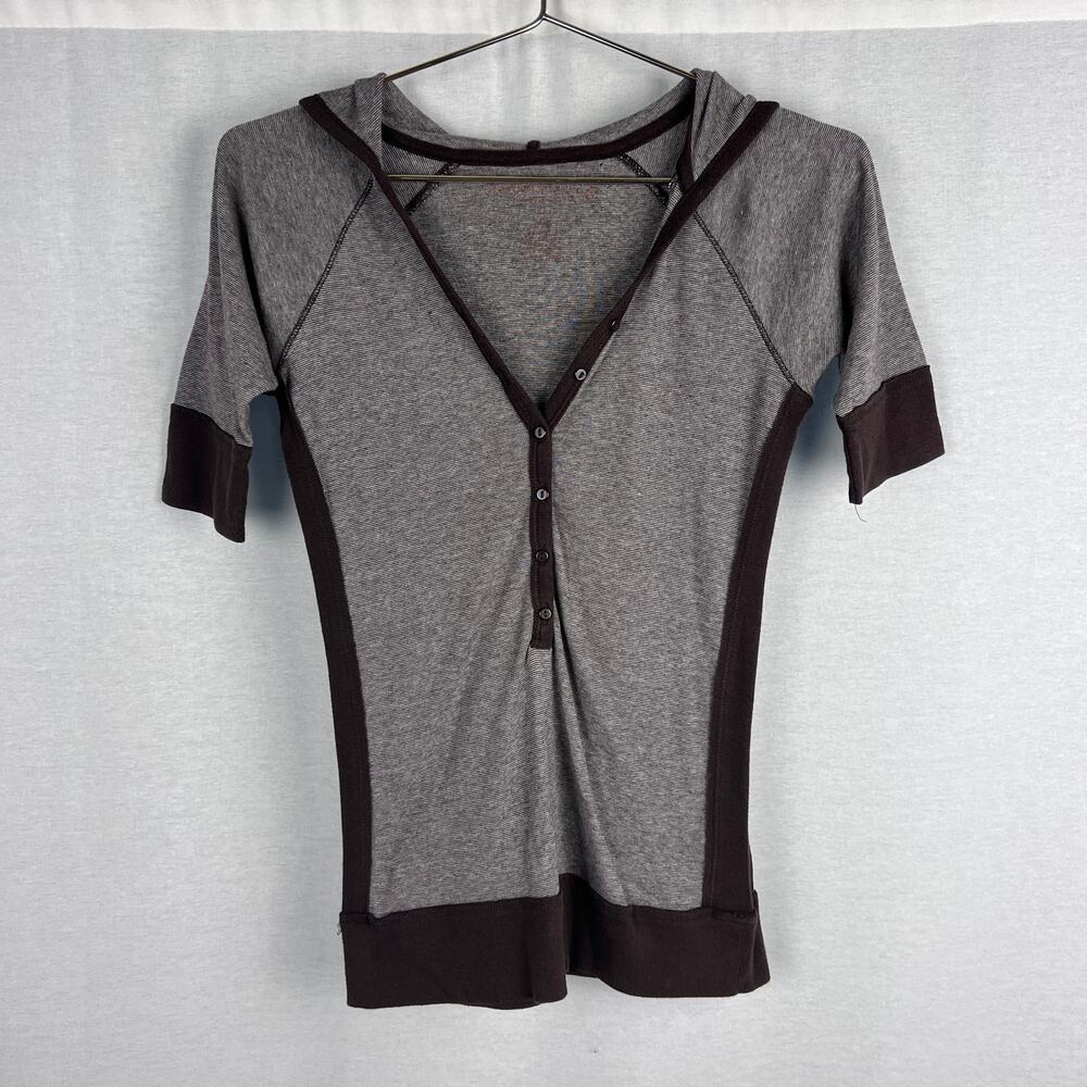 Vintage Y2K Maurices Top Womens Small Hooded Henley Brown Fairy Grunge Slim Fit
